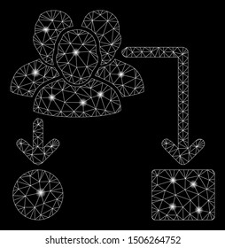 Glossy mesh user routing scheme with lightspot effect. Abstract illuminated model of user routing scheme icon. Shiny wire carcass triangular mesh user routing scheme.