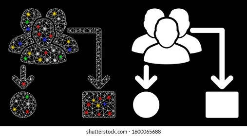 Glossy mesh user routing scheme icon with sparkle effect. Abstract illuminated model of user routing scheme. Shiny wire carcass polygonal mesh user routing scheme icon.
