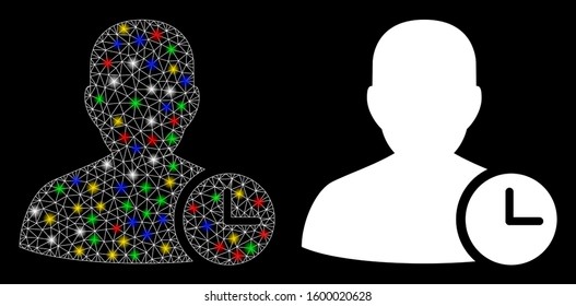 Glossy mesh user time icon with lightspot effect. Abstract illuminated model of user time. Shiny wire frame polygonal mesh user time icon. Vector abstraction on a black background.
