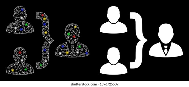 Glossy mesh user union icon with sparkle effect. Abstract illuminated model of user union. Shiny wire frame polygonal network user union icon. Vector abstraction on a black background.