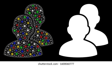 Glossy mesh users icon with glow effect. Abstract illuminated model of users. Shiny wire carcass triangular mesh users icon. Vector abstraction on a black background.