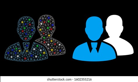 Glossy mesh users icon with lightspot effect. Abstract illuminated model of users. Shiny wire carcass polygonal mesh users icon. Vector abstraction on a black background.