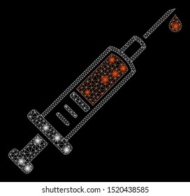 Glossy mesh vaccination with glow effect. Abstract illuminated model of vaccination icon. Shiny wire carcass polygonal mesh vaccination. Vector abstraction on a black background.