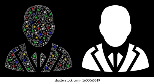 Glossy mesh valet icon with lightspot effect. Abstract illuminated model of valet. Shiny wire carcass polygonal mesh valet icon. Vector abstraction on a black background.
