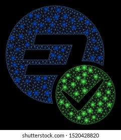 Glossy mesh valid Dashcoin with glare effect. Abstract illuminated model of valid Dashcoin icon. Shiny wire carcass polygonal mesh valid Dashcoin. Vector abstraction on a black background.
