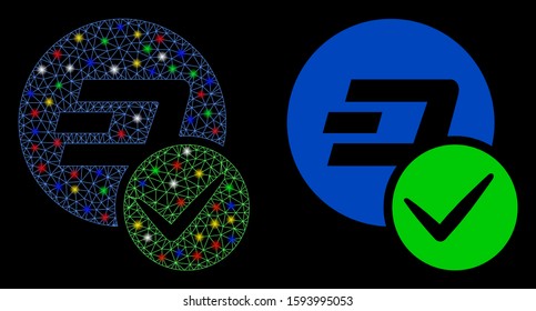 Glossy mesh valid Dashcoin icon with lightspot effect. Abstract illuminated model of valid Dashcoin. Shiny wire carcass polygonal mesh valid Dashcoin icon. Vector abstraction on a black background.