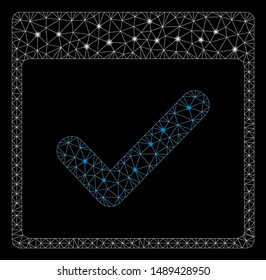 Glossy mesh valid day calendar page with glitter effect. Abstract illuminated model of valid day calendar page icon. Shiny wire carcass triangular network valid day calendar page.