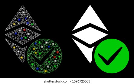 Glossy mesh valid Ethereum classic icon with lightspot effect. Abstract illuminated model of valid Ethereum classic. Shiny wire frame polygonal network valid Ethereum classic icon.