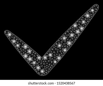 Glossy mesh valid with glare effect. Abstract illuminated model of valid icon. Shiny wire carcass polygonal network valid. Vector abstraction on a black background.