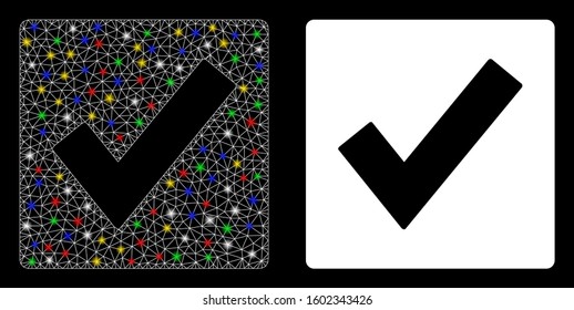 Glossy mesh valid icon with sparkle effect. Abstract illuminated model of valid. Shiny wire carcass polygonal mesh valid icon. Vector abstraction on a black background.