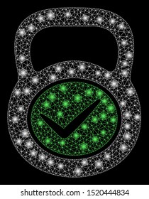 Glossy mesh valid iron weight with glitter effect. Abstract illuminated model of valid iron weight icon. Shiny wire carcass triangular mesh valid iron weight. Vector abstraction on a black background.
