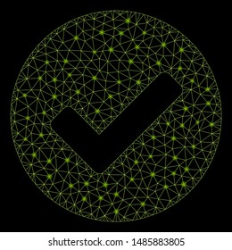 Glossy mesh valid with sparkle effect. Abstract illuminated model of valid icon. Shiny wire frame polygonal network valid. Vector abstraction on a black background.