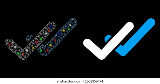 Glossy Mesh Validation Icon With Lightspot Effect. Abstract Illuminated Model Of Validation. Shiny Wire Carcass Polygonal Mesh Validation Icon. Vector Abstraction On A Black Background.