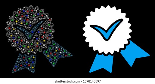 Glossy mesh validation seal icon with lightspot effect. Abstract illuminated model of validation seal. Shiny wire carcass polygonal network validation seal icon.