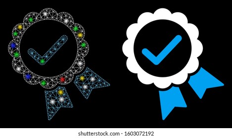 Glossy mesh validity seal icon with sparkle effect. Abstract illuminated model of validity seal. Shiny wire carcass polygonal mesh validity seal icon. Vector abstraction on a black background.