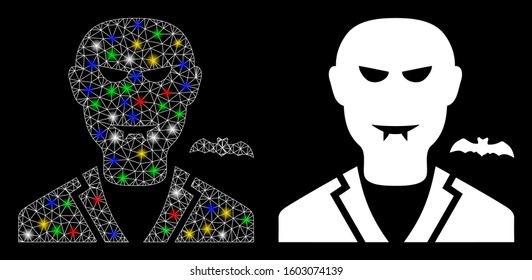 Glossy mesh vampire icon with sparkle effect. Abstract illuminated model of vampire. Shiny wire frame polygonal mesh vampire icon. Vector abstraction on a black background.