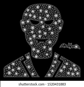 Glossy mesh vampire with sparkle effect. Abstract illuminated model of vampire icon. Shiny wire frame polygonal mesh vampire. Vector abstraction on a black background.