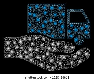 Glossy mesh van delivery service hand with glare effect. Abstract illuminated model of van delivery service hand icon. Shiny wire carcass polygonal network van delivery service hand.