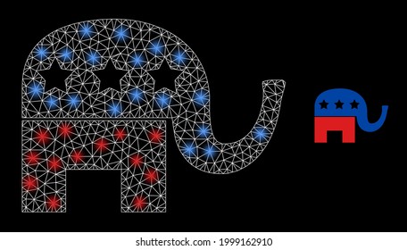Glossy mesh vector american political elephant with glare effect. White mesh, flash spots on a black background with american political elephant icon.