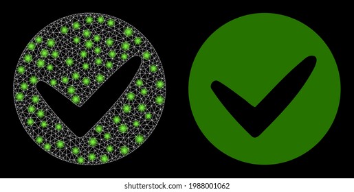 Glossy mesh vector approve with glow effect. White mesh, glare spots on a black background with approve icon. Mesh and glare elements are placed on different layers.