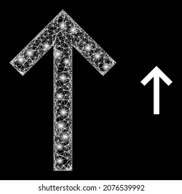 Glossy mesh vector up arrow with glare effect. White mesh, bright spots on a black background with up arrow icon. Mesh and glare elements are placed on different layers.