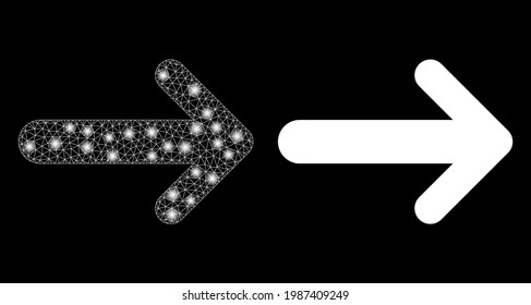 Glossy mesh vector arrow right with glare effect. White mesh, glare spots on a black background with arrow right icon. Mesh and glare elements are placed on different layers.