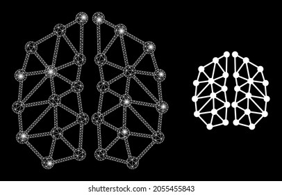 Glossy mesh vector artificial intelligence with glare effect. White mesh, glare spots on a black background with artificial intelligence icon. Mesh and glowing elements are placed on different layers.