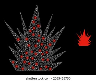 Bang vectorial de malla brillante con efecto de resplandor. Malla blanca, manchas brillantes sobre un fondo negro con un icono de explosión. Los elementos de malla y resplandor se colocan en diferentes capas.