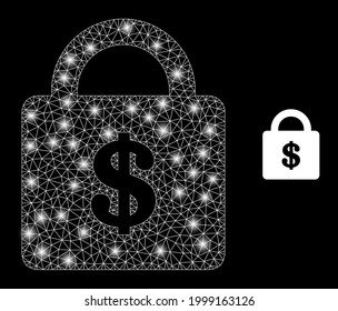 Glossy mesh vector bank lock with glare effect. White mesh, glare spots on a black background with bank lock icon. Mesh and glare elements are placed on different layers.