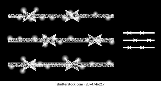 Glossy mesh vector barbed wire fence with glare effect. White mesh, glare spots on a black background with barbed wire fence icon. Mesh and glare elements are placed on different layers.