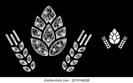 Glossy mesh vector barley and hop with glare effect. White mesh, glare spots on a black background with barley and hop icon. Mesh and glare elements are placed on different layers.
