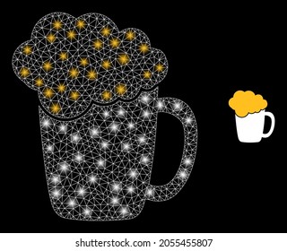 Glossy mesh vector beer glass foam with glare effect. White mesh, glare spots on a black background with beer glass foam icon. Mesh and glare elements are placed on different layers.