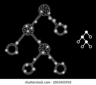Glossy mesh vector binary chart nodes with glare effect. White mesh, glare spots on a black background with binary chart nodes icon. Mesh and lightspot elements are placed on different layers.