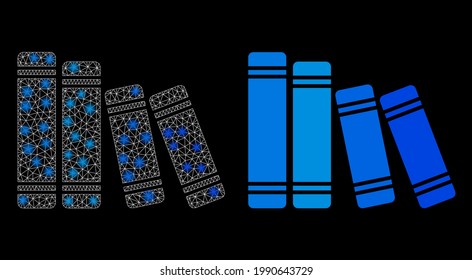 Glossy mesh vector books with glare effect. White mesh, flash spots on a black background with books icon. Mesh and glowing elements are placed on different layers.