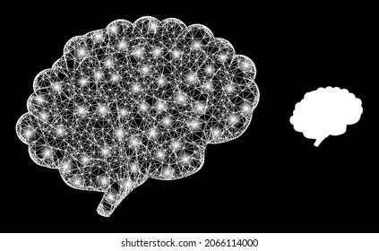Glossy mesh vector brain organ with glare effect. White mesh, glare spots on a black background with brain organ icon. Mesh and lightspot elements are placed on different layers.