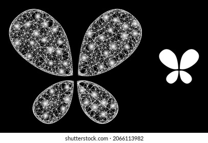 Glossy-Mesh-Vektorschmetterling mit glänzendem Effekt. Weiße Maschen, glatte Flecken auf schwarzem Hintergrund mit Schmetterlingsymbol. Mesh- und Lichtpunktelemente werden auf verschiedene Ebenen platziert.