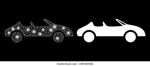 Glossy mesh vector cabriolet car with glow effect. White mesh, glare spots on a black background with cabriolet car icon. Mesh and glare elements are placed on different layers.