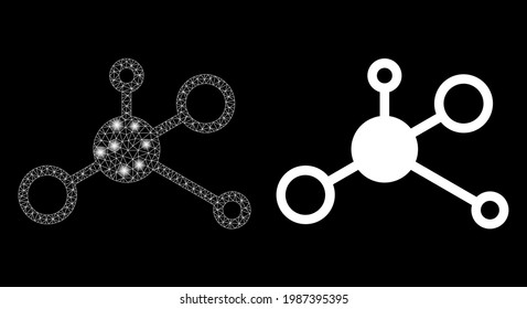 Glossy mesh vector central hub with glare effect. White mesh, bright spots on a black background with central hub icon. Mesh and glare elements are placed on different layers.