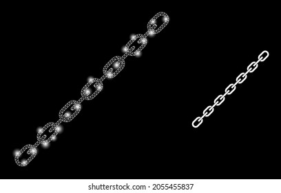 Glossy-Mesh-Vektorkette mit glattem Effekt. Weiße Maschen, helle Flecken auf schwarzem Hintergrund mit Kettensymbol. Mesh- und Glanzelemente werden auf verschiedene Ebenen platziert.
