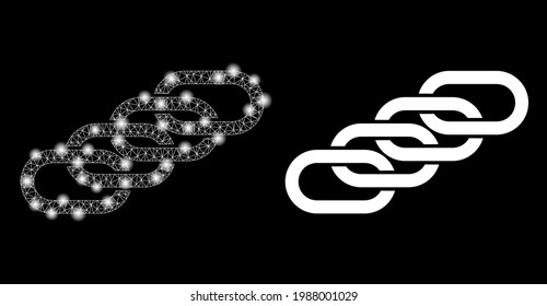 Glossy-Mesh-Vektorkettenverband mit glänzendem Effekt. Weiße Maschen, glatte Flecken auf schwarzem Hintergrund mit Kettensymbol. Mesh- und Glühelemente werden auf verschiedene Ebenen platziert.