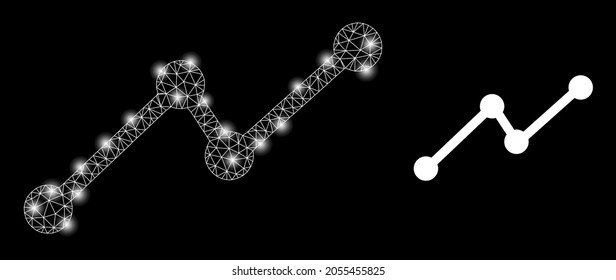 Gráfica vectorial de malla brillante con efecto de resplandor. Malla blanca, puntos de brillo en un fondo negro con icono de gráfico. Los elementos de malla y resplandor se colocan en diferentes capas.