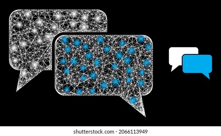 Glossy mesh vector chat messages with glow effect. White mesh, bright spots on a black background with chat messages icon. Mesh and glowing elements are placed on different layers.