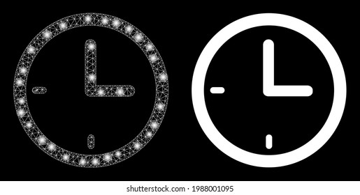 Glossy mesh vector clock with glare effect. White mesh, glare spots on a black background with clock icon. Mesh and lightspot elements are placed on different layers.