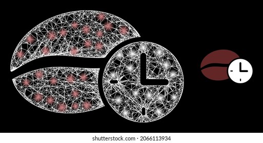 Glossy mesh vector coffee time with glow effect. White mesh, bright spots on a black background with coffee time icon. Mesh and glowing elements are placed on different layers.