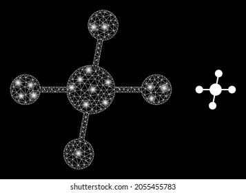 Glossy mesh vector connections with glare effect. White mesh, glare spots on a black background with connections icon. Mesh and glare elements are placed on different layers.