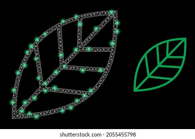 Hojas de contorno vectorial de malla brillante con efecto de resplandor. Malla blanca, manchas de luz sobre un fondo negro con un icono de hoja de contorno. Los elementos de malla y foco se colocan en diferentes capas.