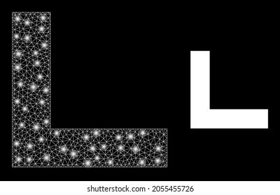 Glossy mesh vector corner with glare effect. White mesh, flash spots on a black background with corner icon. Mesh and lightspot elements are placed on different layers.