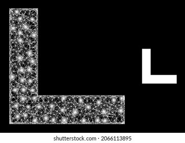 Glossy mesh vector corner with glare effect. White mesh, glare spots on a black background with corner icon. Mesh and glare elements are placed on different layers.