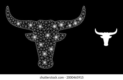 Glossy mesh vector cow head with glare effect. White mesh, light spots on a black background with cow head icon. Mesh and glare elements are placed on different layers.