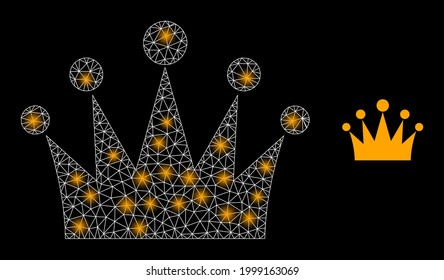 Glossy mesh vector crown with glare effect. White mesh, flash spots on a black background with crown icon. Mesh and glare elements are placed on different layers.